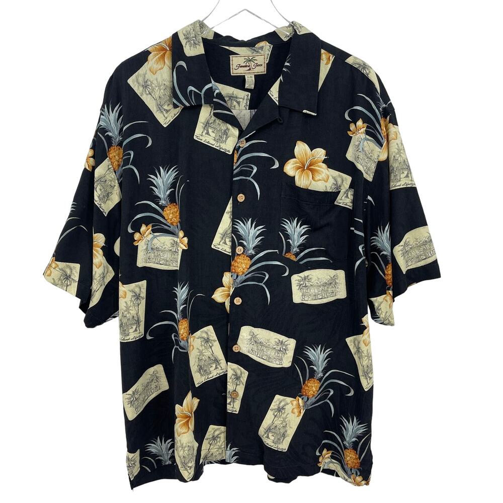 Jamaica Jaxx Men's XL 100% Silk Short Sleeve Button Front Hawaiian Shirt Black
